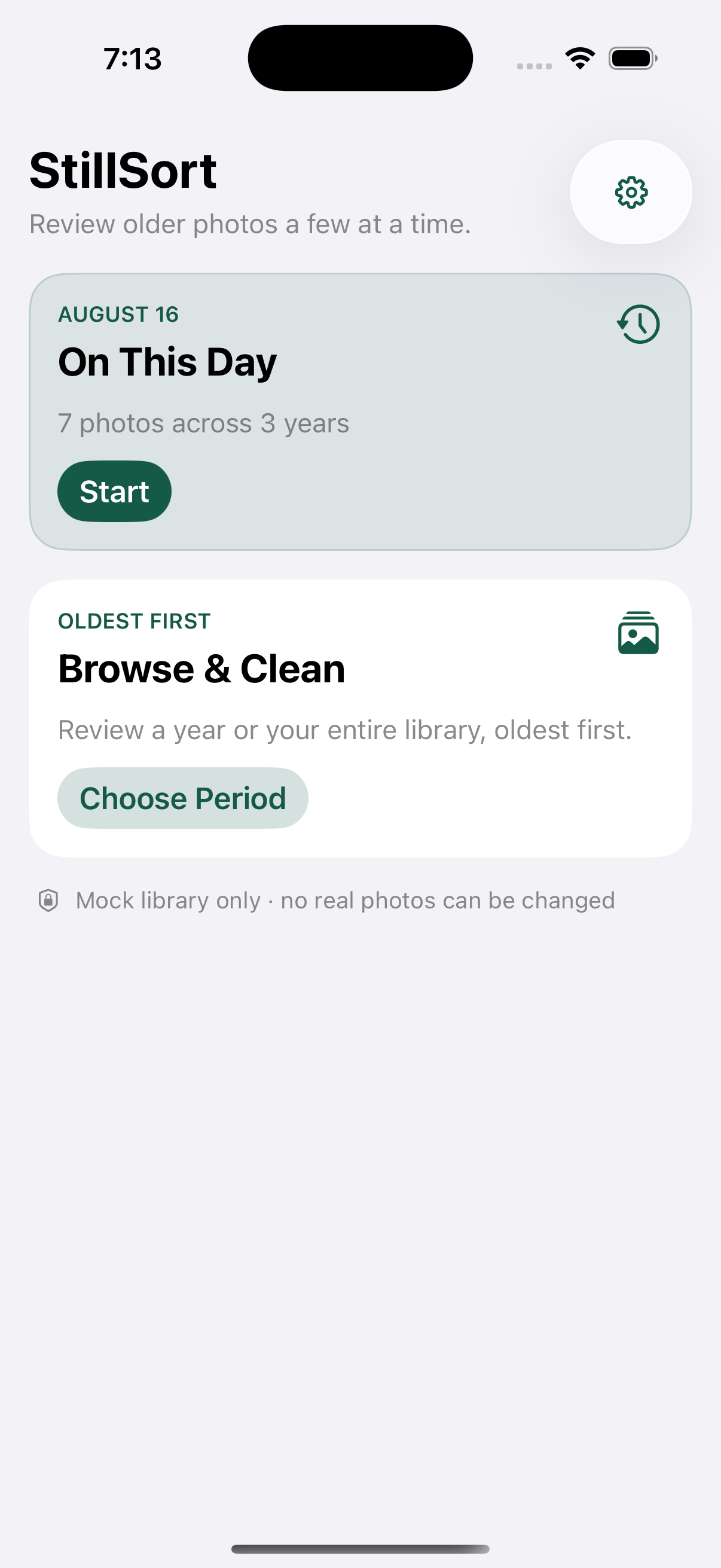 StillSort home screen showing On This Day and Browse and Clean options